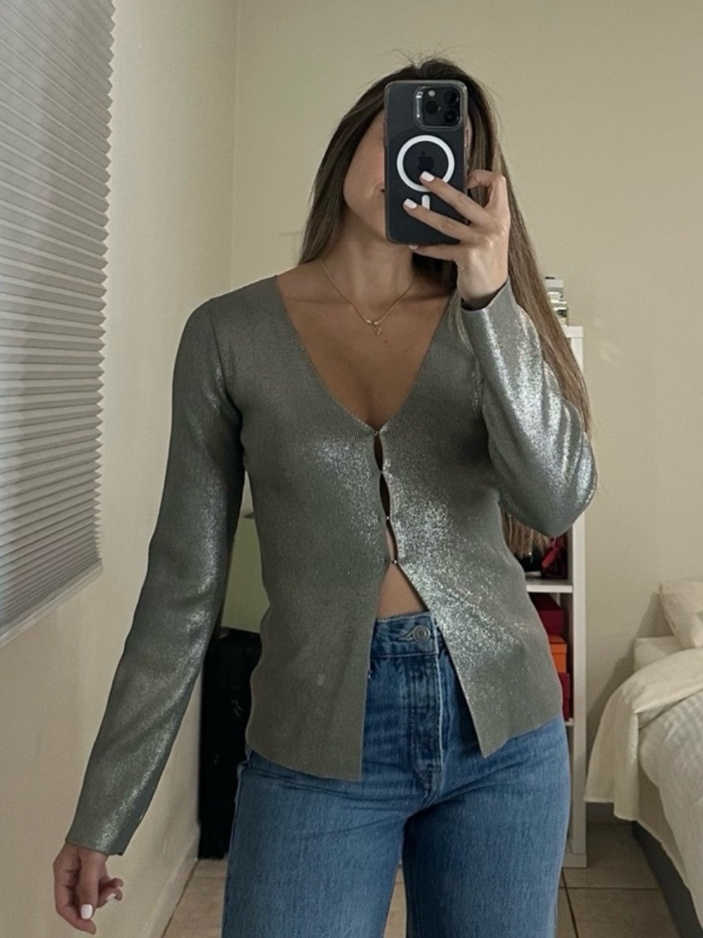 Zara Silver Metallic Silver Hook Front Cardigan - size Medium